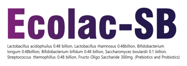 Ecolac-SB Prebiotic & Probiotic: Lactobacillus acidophilus 0.48 billion + Lactobacillus rhamnosus 0.48 billion + Bifidobacterium longum 0.48 billion + Bifidobacterium bifidum 0.48 billion + Saccharomyces boulardii 0.1 billion + Streptococcus thermophilus 0.48 billion + Fructo Oligo Saccharide 300mg