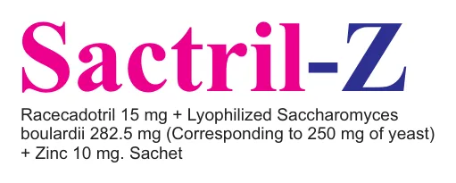 Sactril-Z Sachet: Racecadotril 15mg + Lyophilized Saccharomyces boulardii 282.5mg (corresponding to 250mg of yeast) + Zinc 10mg