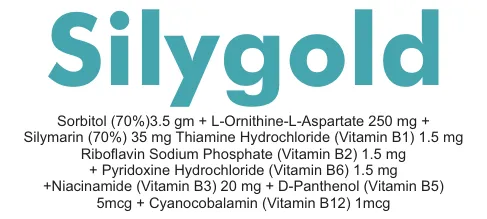 Silygold Syrup: Sorbitol (70%) 3.5gm + L-Ornithine-L-Aspartate 250mg + Silymarin (70%) 35mg + Thiamine HCl (B1) 1.5mg + Riboflavin Sodium Phosphate (B2) 1.5mg + Pyridoxine HCl (B6) 1.5mg + Niacinamide (B3) 20mg + D-Panthenol (B5) 5mcg + Cyanocobalamin (B12) 1mcg